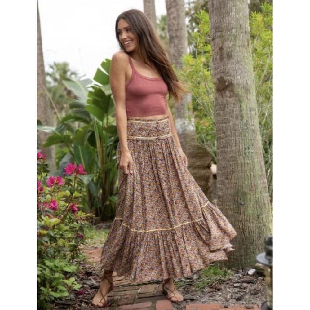 Natural Life Button Front Maxi Skirt Large Multi Color Floral Print Boho Rayon